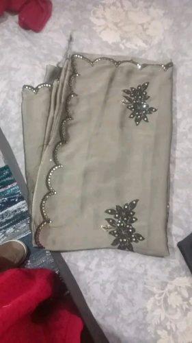 Trendore™ Elegant Beige & Black Embroidered Satin Saree photo review
