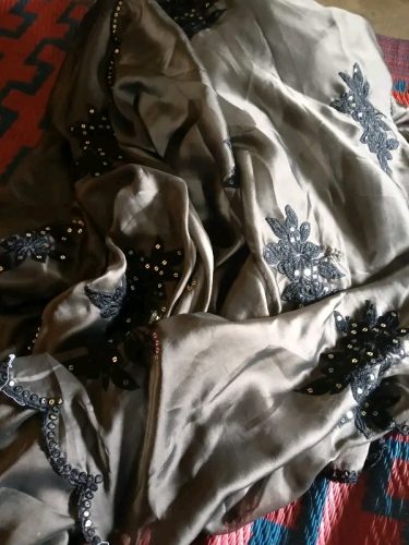 Trendore™ Elegant Beige & Black Embroidered Satin Saree photo review