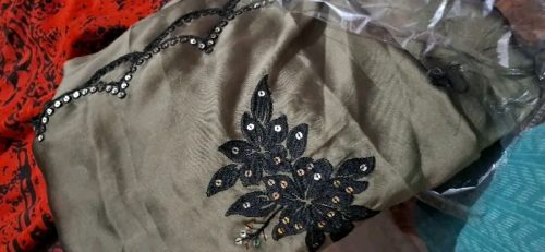 Trendore™ Elegant Beige & Black Embroidered Satin Saree photo review