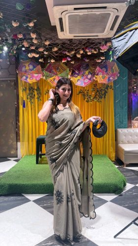 Trendore™ Elegant Beige & Black Embroidered Satin Saree photo review