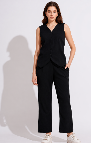 Trendore™ Classic Black Solid Waistcoat & Trouser Co-Ord Set – Casual Smart Wear