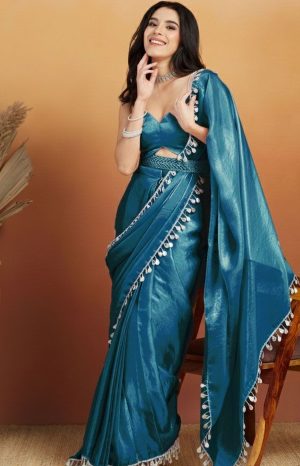 Trendore™ Teal Blue Embellished Ready to Wear Tissue Saree