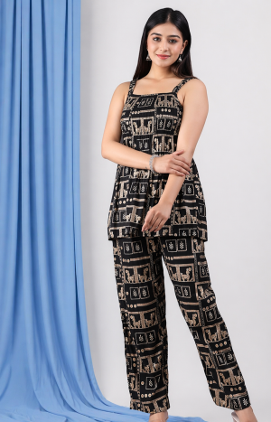 Jaipuri Printed Rayon Co-Ord Set – Sleeveless Square Neck Top with Pants Trendore™