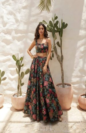 Trendore™ Midnight Bloom Printed Silk Lehenga Set